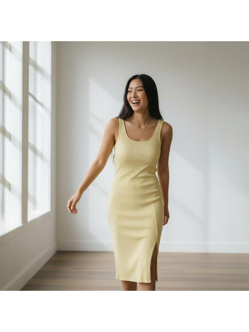 Backyard Roses Ribbed Knit Midi Dress Square Neck Side Slit Bodycon L
